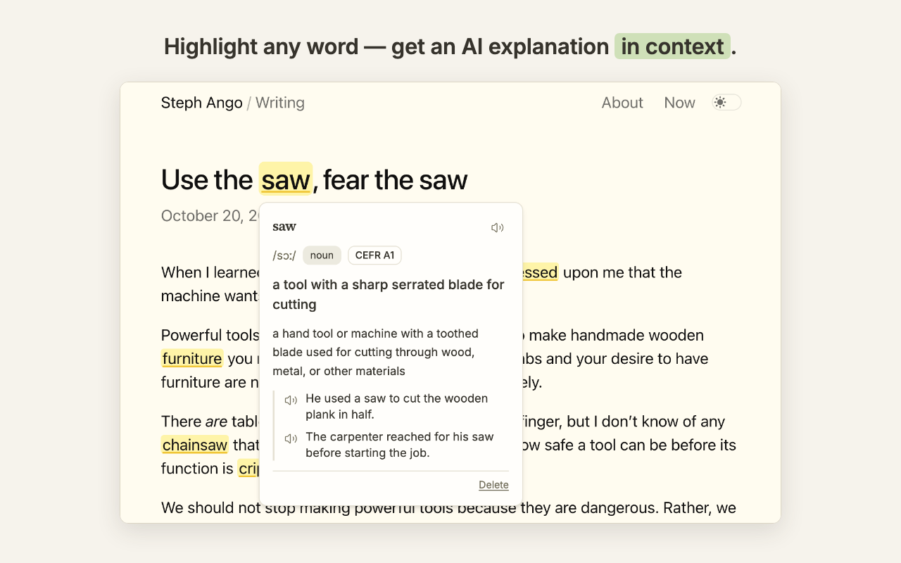 Highlight any word — get an AI explanation in context.