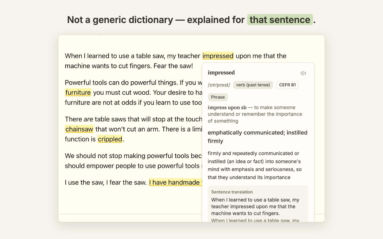 Not a generic dictionary — explained for that sentence.